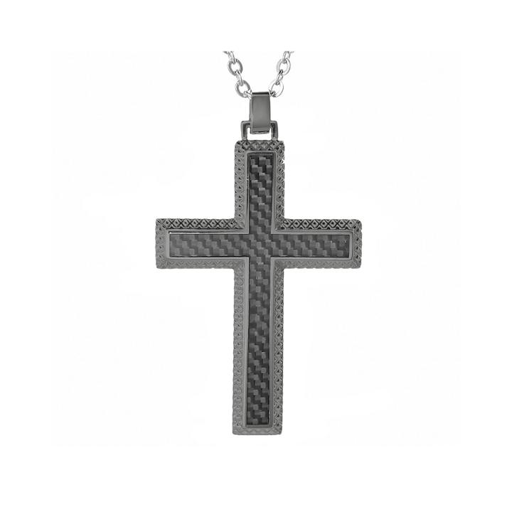 Mens Gunmetal Gray Ip Stainless Steel And Carbon Fiber Cross Pendant Necklace