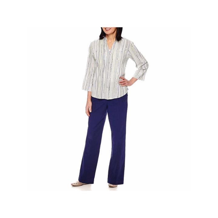 Alfred Dunner Cable Beach 3/4 Sleeve Stripe Button-front Shirt
