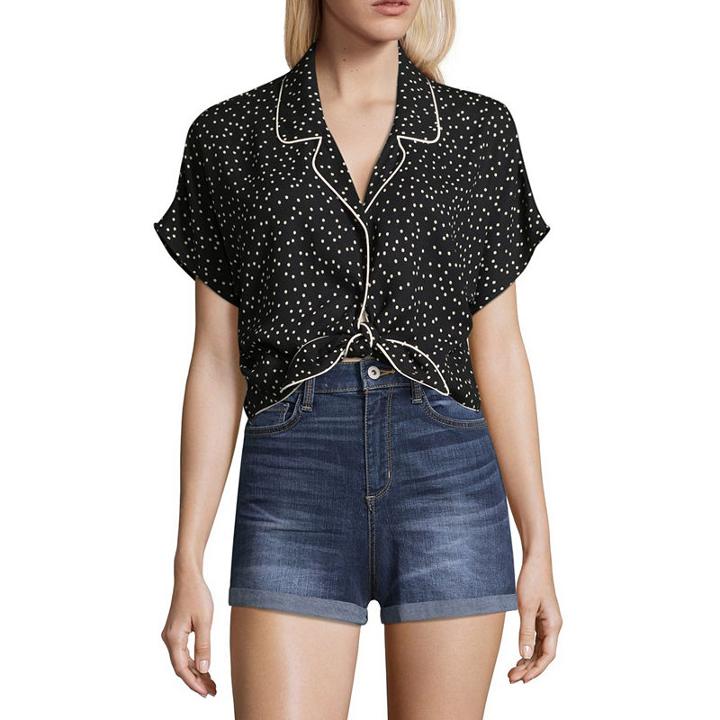 Heart N Soul Short Sleeve Collar Neck Dots T-shirt-womens Juniors