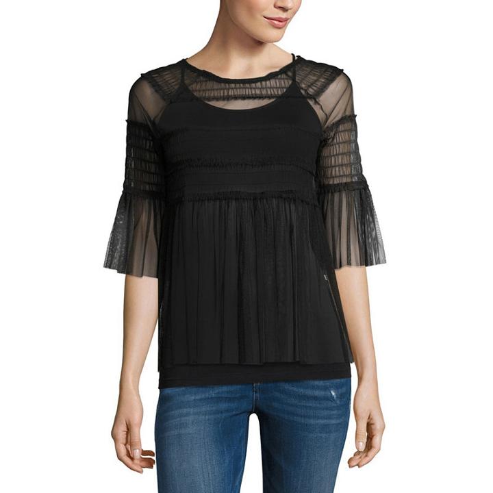 Belle + Sky Long Sleeve V Neck Mesh Blouse