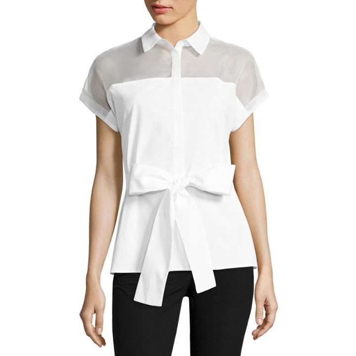 Worthington Short Sleeve Y Neck Cotton Blend Blouse