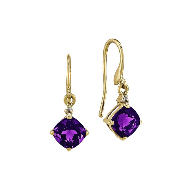 Genuine Amethyst Diamond-accent 14k Yellow Gold Cushion-cut Earrings