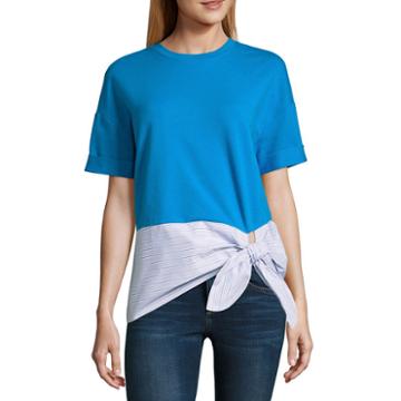 Project Runway Short Sleeve Mix Media Knot Front Top