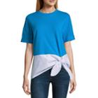 Project Runway Short Sleeve Mix Media Knot Front Top