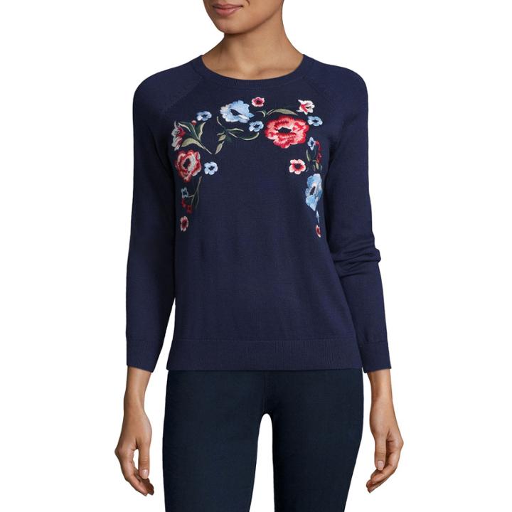 St. John's Bay Long Sleeve Crew Neck Floral Pullover Sweater-talls