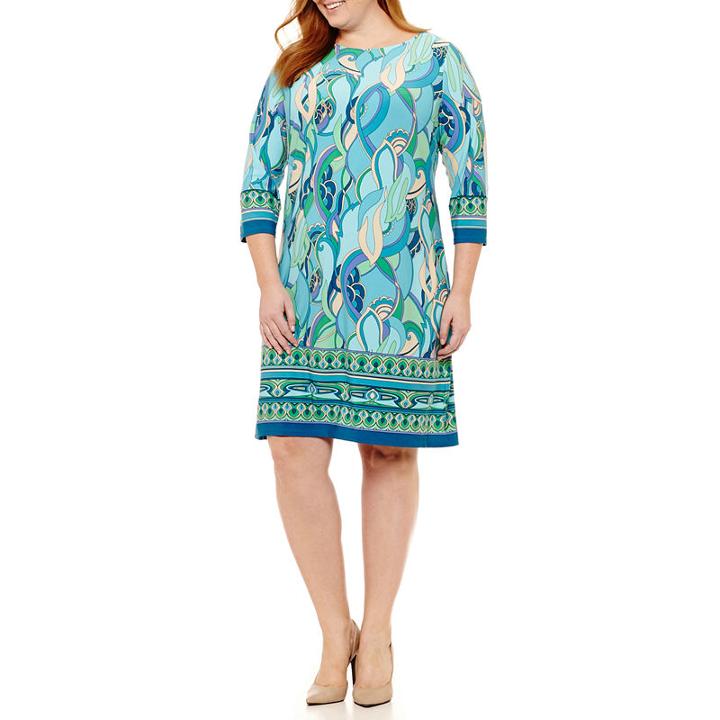 London Times 3/4 Sleeve Pattern Shift Dress - Plus