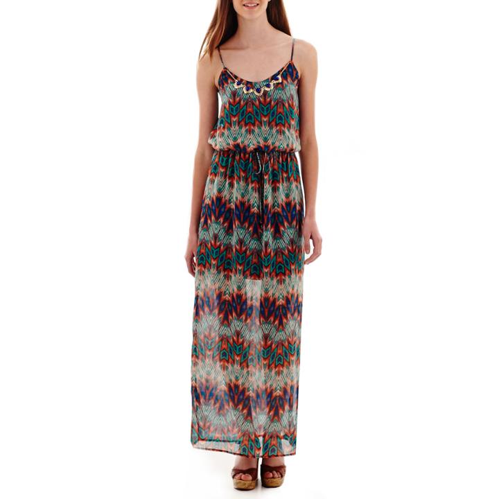 City Triangles Sleeveless Batik Necklace-trim Maxi Dress- Juniors
