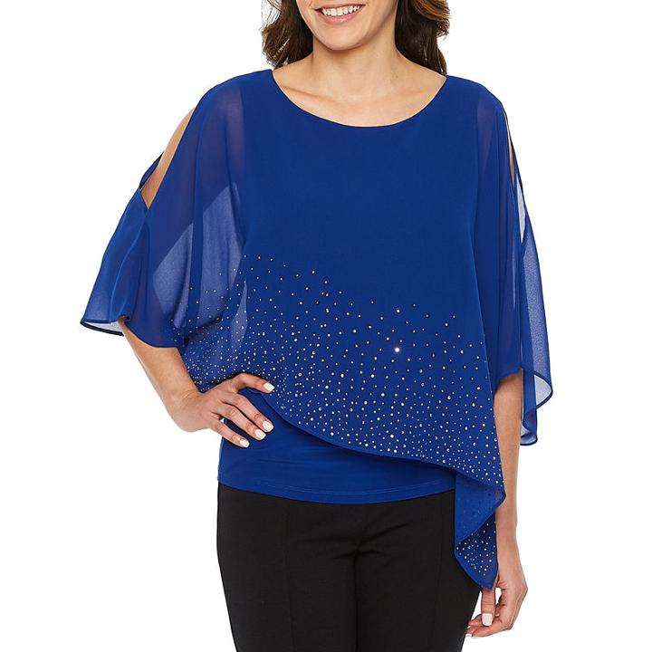 Ronni Nicole 3/4 Sleeve Round Neck Beaded Chiffon Blouse