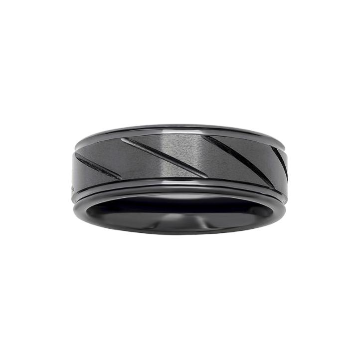 Personalized Mens 7mm Comfort Fit Diagonal Stripe Black Ceramic Wedding Band