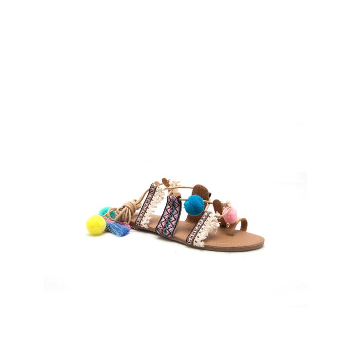 Qupid Pom Pom Lace Up Sandal