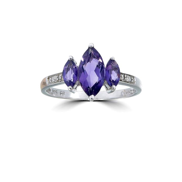 Womens Diamond Accent Genuine Purple Amethyst Sterling Silver 3-stone Ring