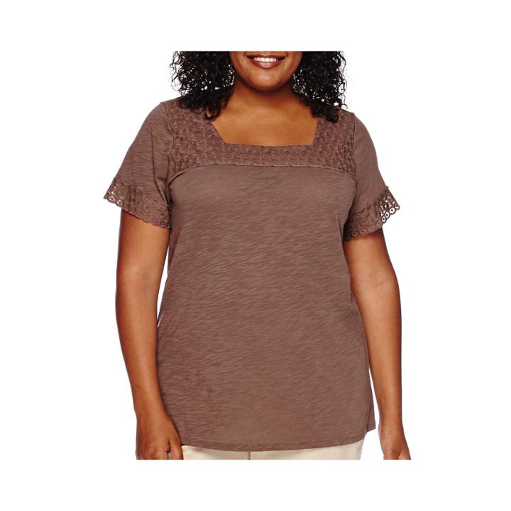 St. John's Bay Short-sleeve Crochet-yoke Knit Blouse - Plus