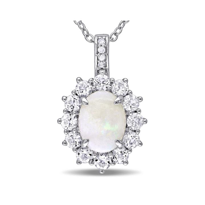 Round Genuine Opal, White Topaz And Diamond-accent Starburst Pendant Necklace