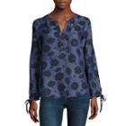Liz Claiborne Tie Sleeve Split Crew Floral Tunic
