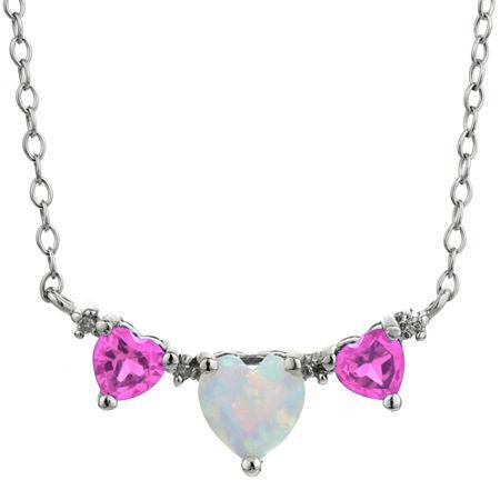 Lab-created Opal & Pink Sapphire Heart-shaped 3-stone Sterling Silver Necklace