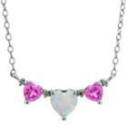 Lab-created Opal & Pink Sapphire Heart-shaped 3-stone Sterling Silver Necklace