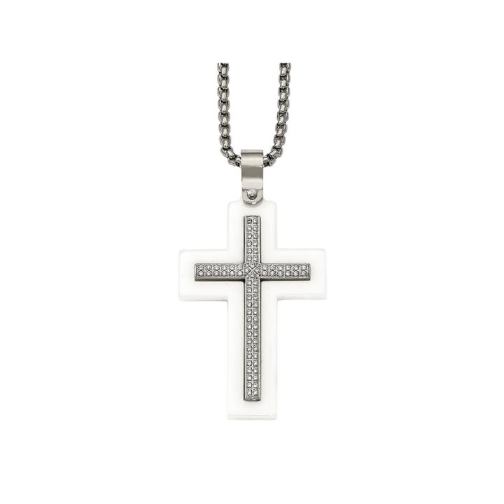 Mens Cubic Zirconia Stainless Steel & White Ceramic Cross Pendant