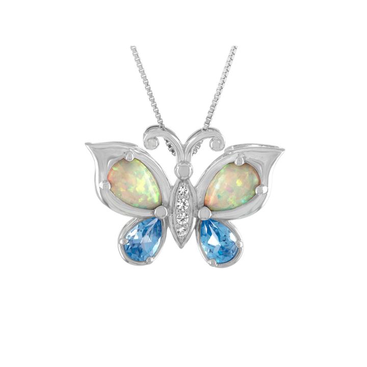 Womens Lab-created Opal, Genuine Swiss Blue Topaz, And Lab-created White Sapphire Sterling Silver Butterfly Pendant Necklace