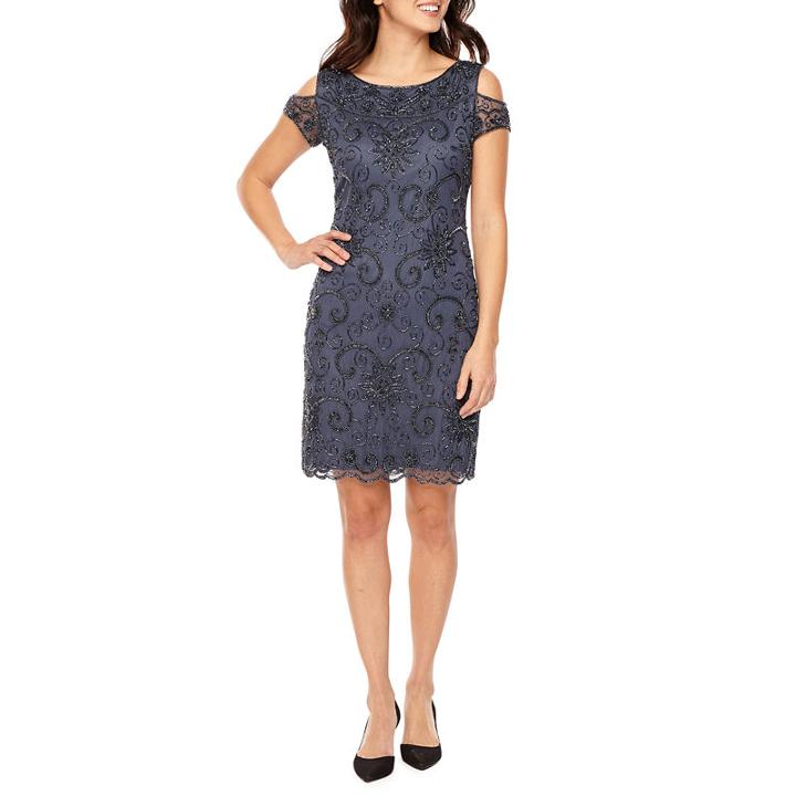 Msk Short Sleeve Beaded Embellished Floral Shift Dress