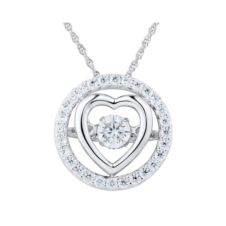 Cubic Zirconia Sterling Silver Dancing Heart In Circle Pendant Necklace