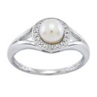 Womens Diamond Accent 6-6.5mm White Cultured Freshwater Pearls Sterling Silver Halo Ring