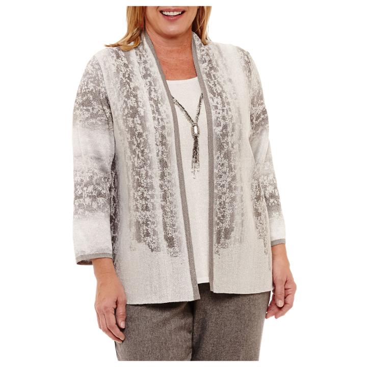 Alfred Dunner Silver Belles 3/4 Sleeve Layered Sweater With Necklace-plus