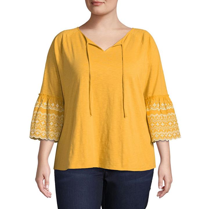 St. John's Bay 3/4 Embroidered Bell Sleeve Peasant Blouse - Plus