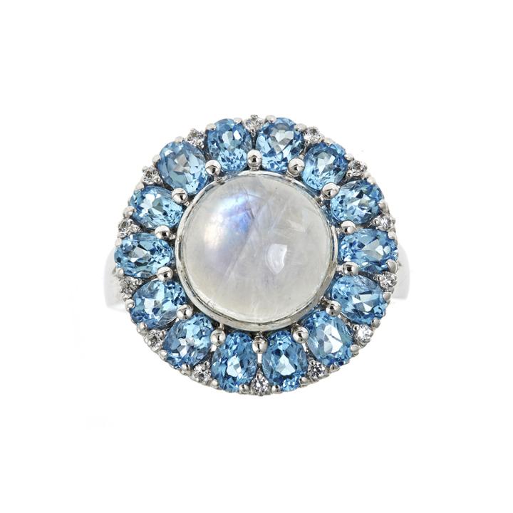 Limited Quantities Genuine Blue Moonstone And Swiss Blue Topaz Ring