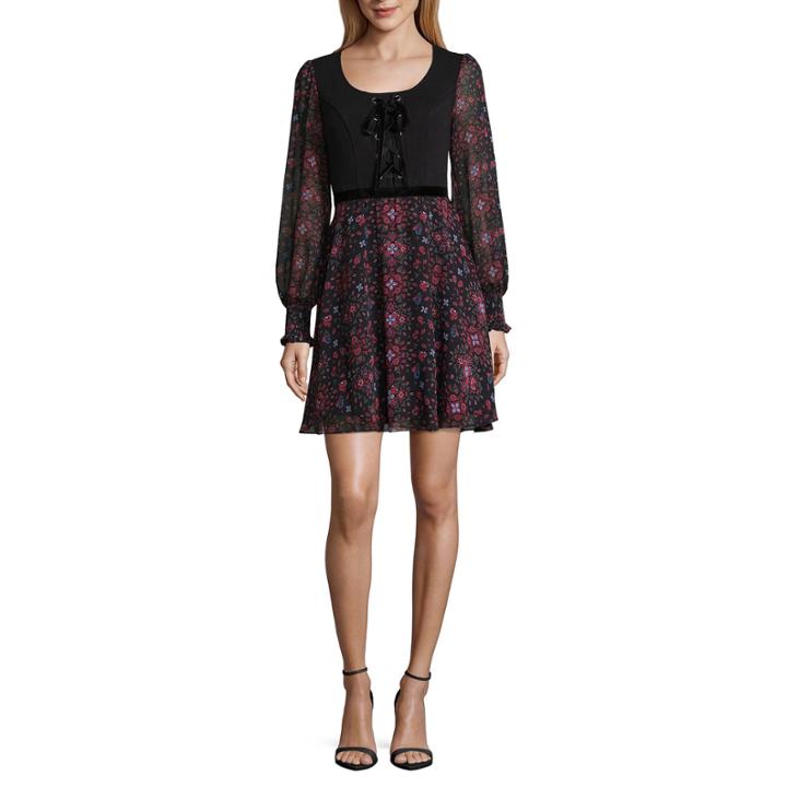 Coffee & Cake Long Sleeve Floral A-line Dress-juniors