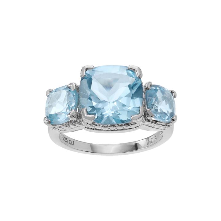 Genuine Blue And White Topaz 3-stone Sterling Silver Ring