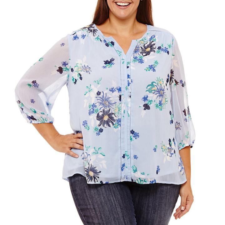 St. John's Bay 3/4 Sleeve Notch Neck Yoryu Blouse-plus
