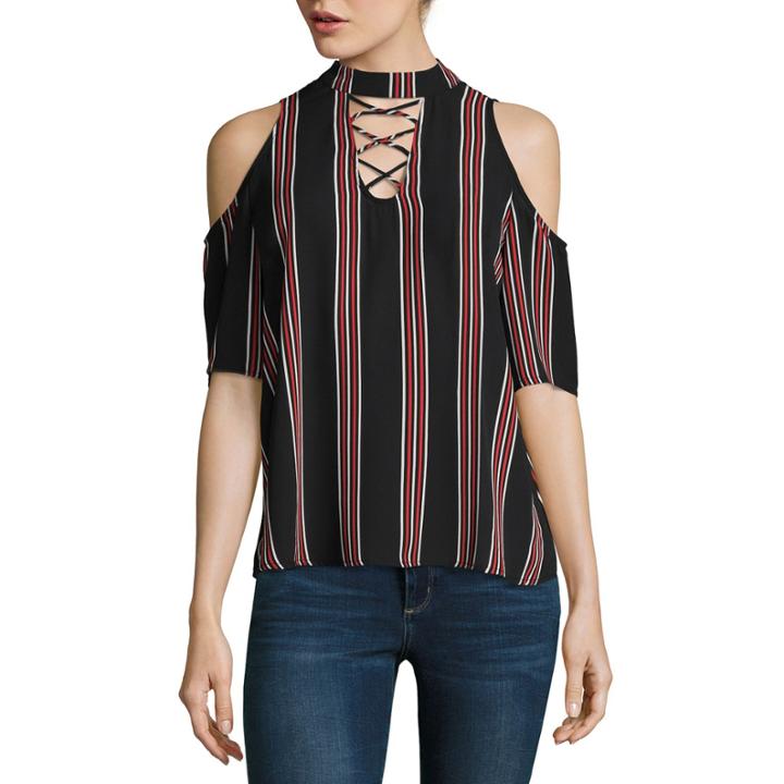 Project Runway Cold Shoulder Lace Up Choker Neck Top