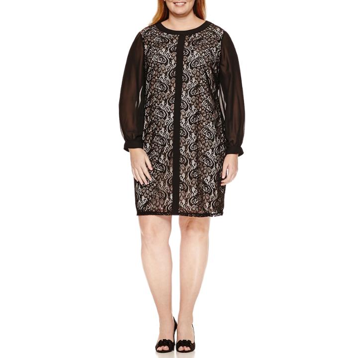 London Times Long Sleeve Shift Dress-plus