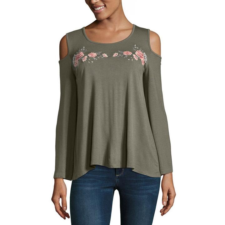 Arizona Cold Shoulder Embroidered Knit Top- Juniors