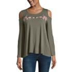 Arizona Cold Shoulder Embroidered Knit Top- Juniors