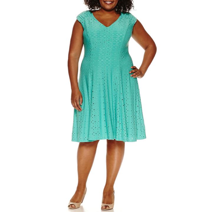 London Times Short Sleeve Embroidered Fit & Flare Dress-plus