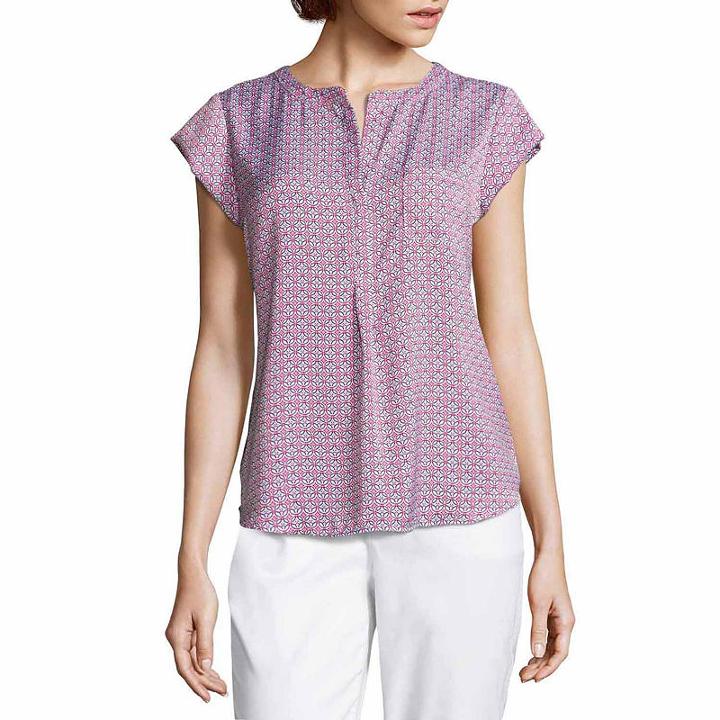 Liz Claiborne Short Sleeve V Neck Woven Blouse - Tall