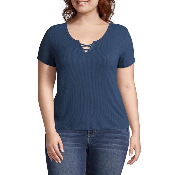 Arizona Short Sleeve Split Crew Neck T-shirt-womens Juniors Plus