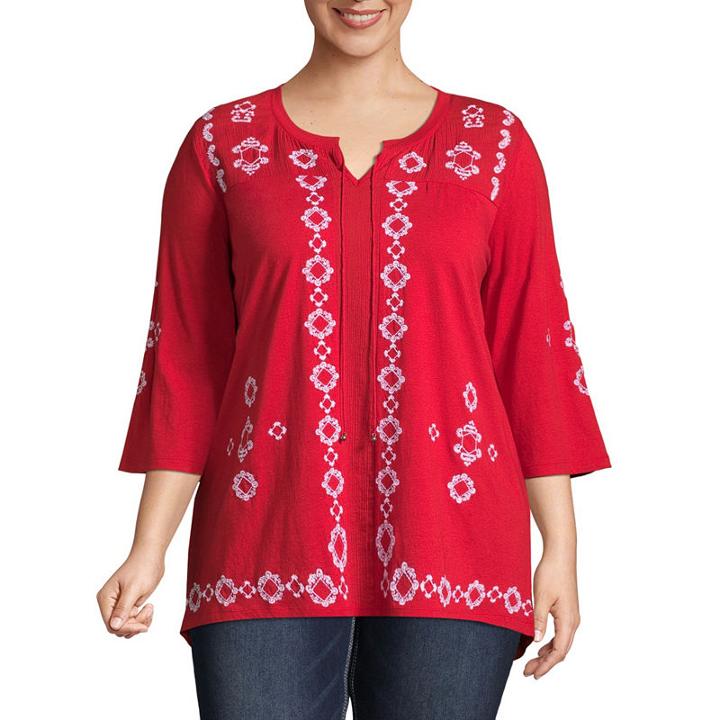 Elbow Sleeve Embroidered Peasant Blouse-plus