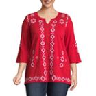Elbow Sleeve Embroidered Peasant Blouse-plus