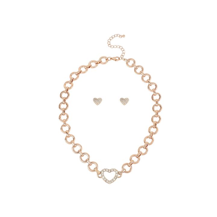 Worthington Rose-tone Pav Crystal Heart Necklace And Earring Set
