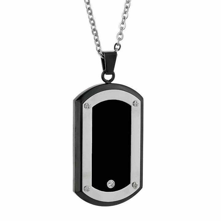 Mens White Cubic Zirconia Stainless Steel Dog Tag Pendant Necklace