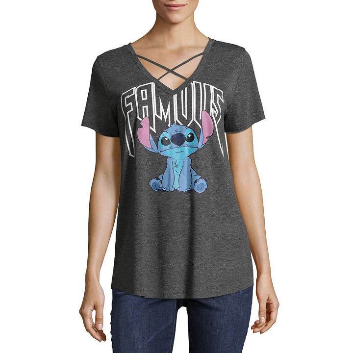 Short Sleeve V Neck Lilo & Stitch Graphic T-shirt-juniors