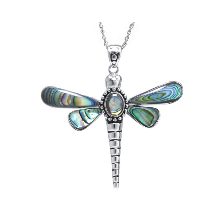 Genuine Abalone Sterling Silver Dragonfly Pendant Necklace