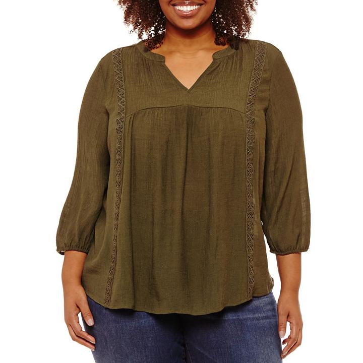 St. John's Bay 3/4 Sleeve V-neck Lace Inset Blouse - Plus