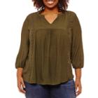St. John's Bay 3/4 Sleeve V-neck Lace Inset Blouse - Plus