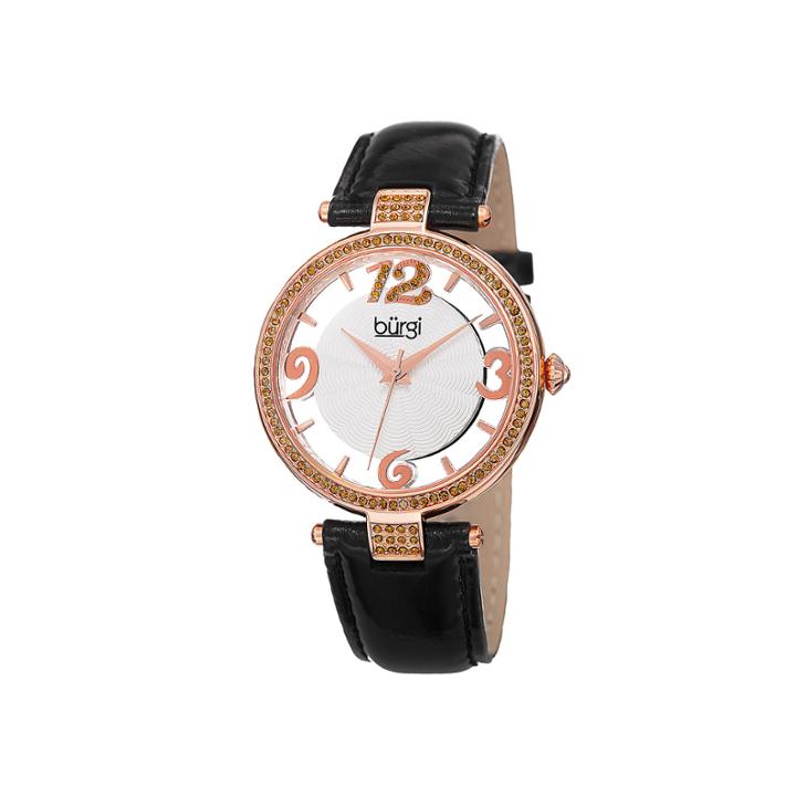 Burgi Womens Crystal-embellished Black Leather Watch