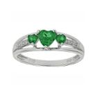 Lab-created Emerald & Diamond-accent Heart-shaped 3-stone Sterling Silver Ring