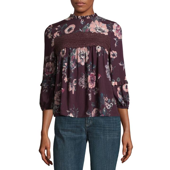 Eyeshadow 3/4 Sleeve Scoop Neck Woven Floral Blouse-juniors
