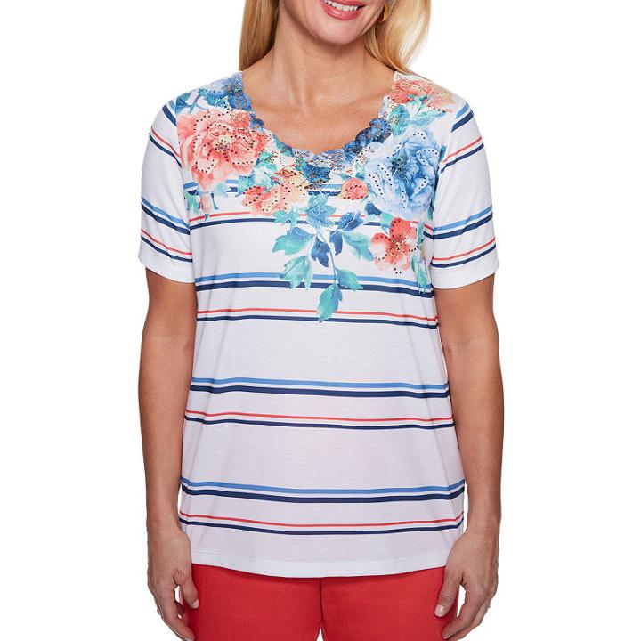 Alfred Dunner Sun City Short Sleeve Crew Neck Floral T-shirt-womens